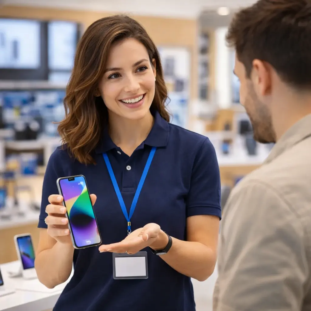 representante de ventas demostrando telefono inteligente a la cliente