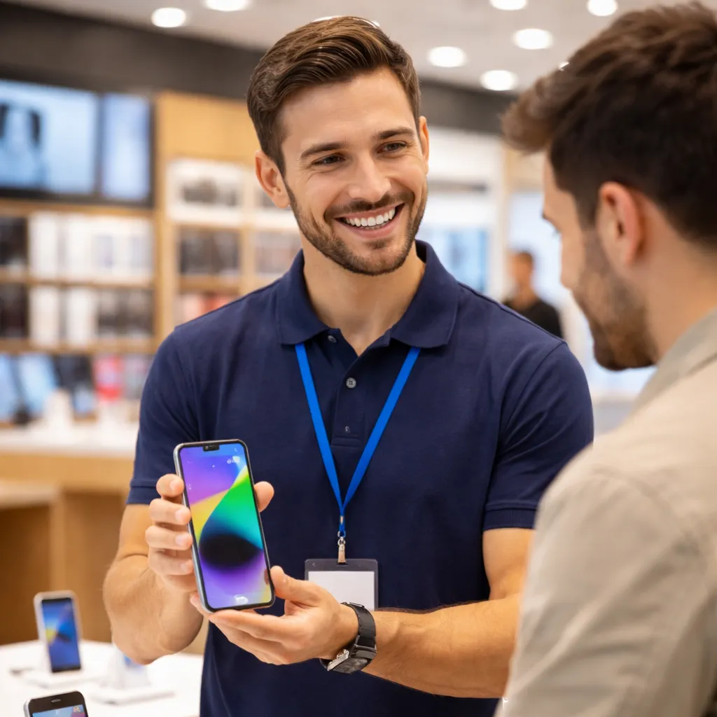 un vendedor sonriente mostrando un smartphone a un cliente en una tienda fisica moderna